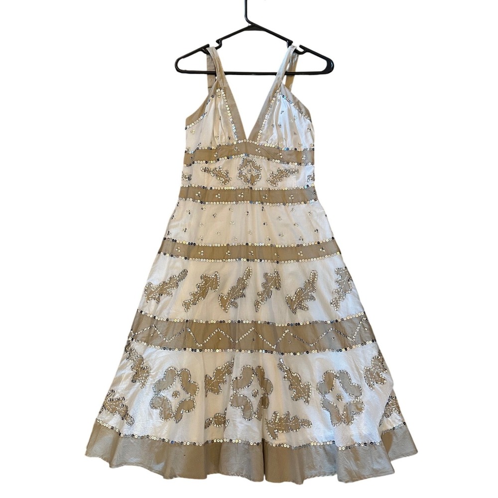 BCBGMAXAZRIA White Silk Sequin Mesh Midi Tan Embroidered Dress Size 6